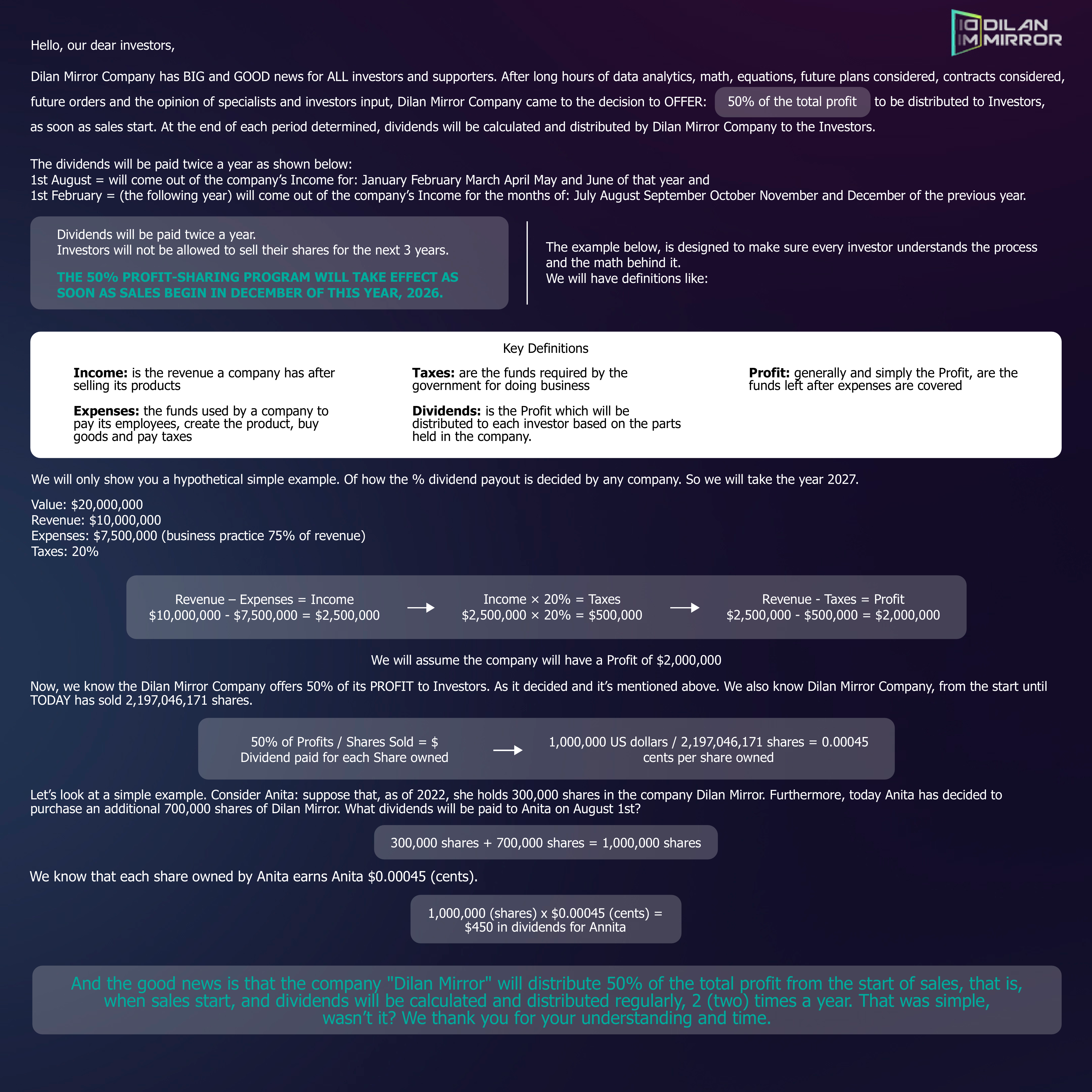 Chers investisseurs et partenaires du projet "Dilan Mirror", veuillez lire le fichier PDF MIS À JOUR contenant des informations sur les paiements de dividendes. 🤗